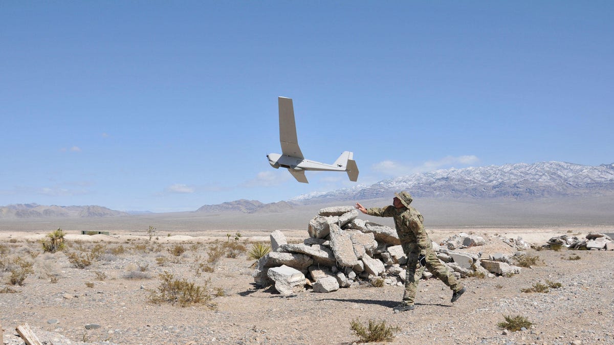 The AeroVironment Puma drone, already used by the military, can be launched by hand.