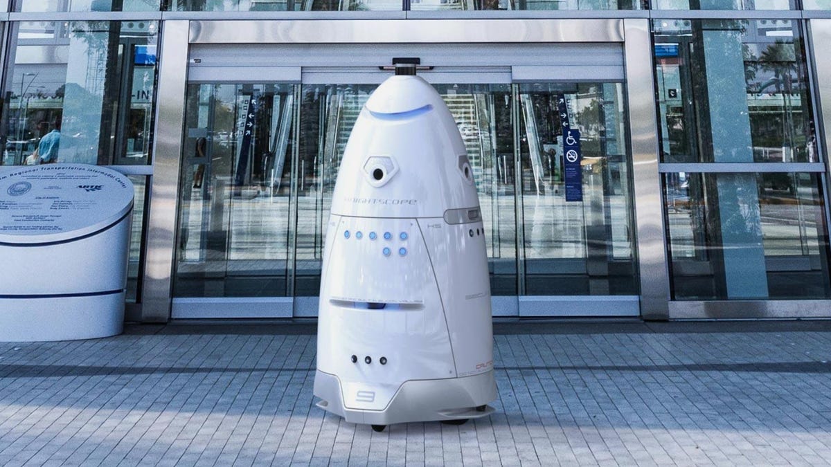 A Knightscope K-5 security robot comes with cameras and is designed to patrol outdoor areas in conjunction with human security help.