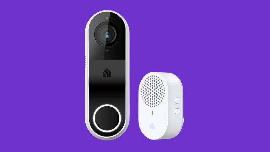 The Kasa Video doorbell and chime against a purple background.