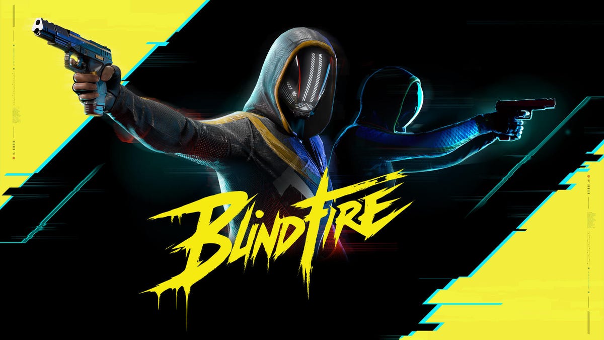 A masked, hooded combatant points a gun with the Blindfire logo beneath them.