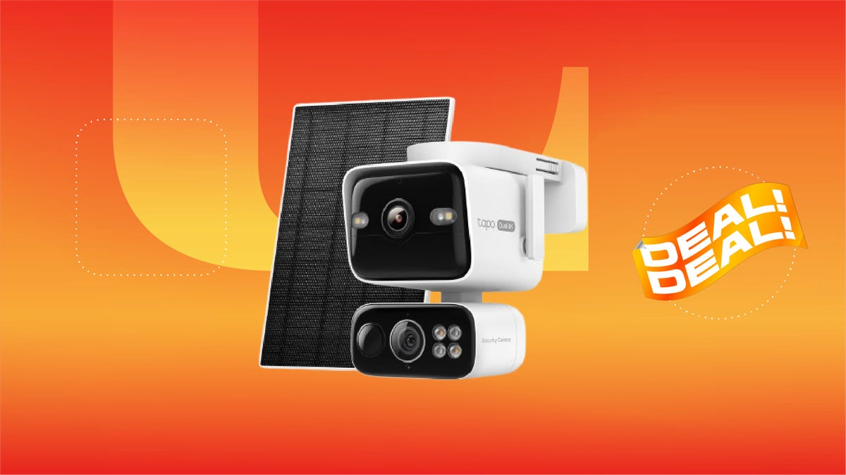 Tapo C675D Pan-and-Tilt solar-powered camera on display against orange gradient CNET commerce background.