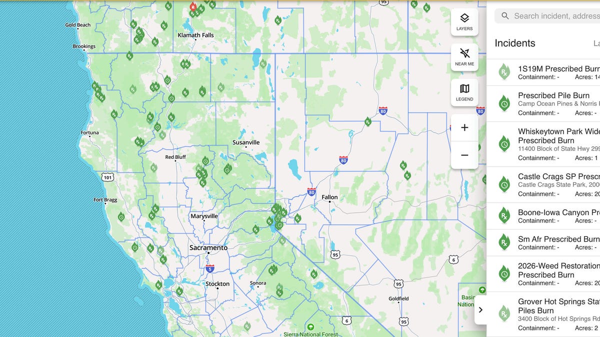 Watch Duty app showing California fires.