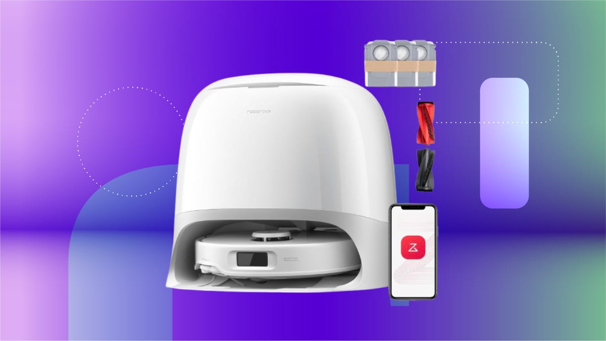 White robot vacuum and mop combo with smartphone to the right. Background: purple gradient.