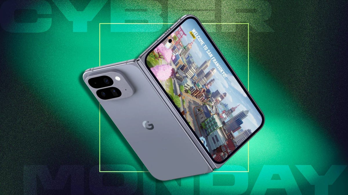 A Pixel 10 Pro Fold on a CNET background.