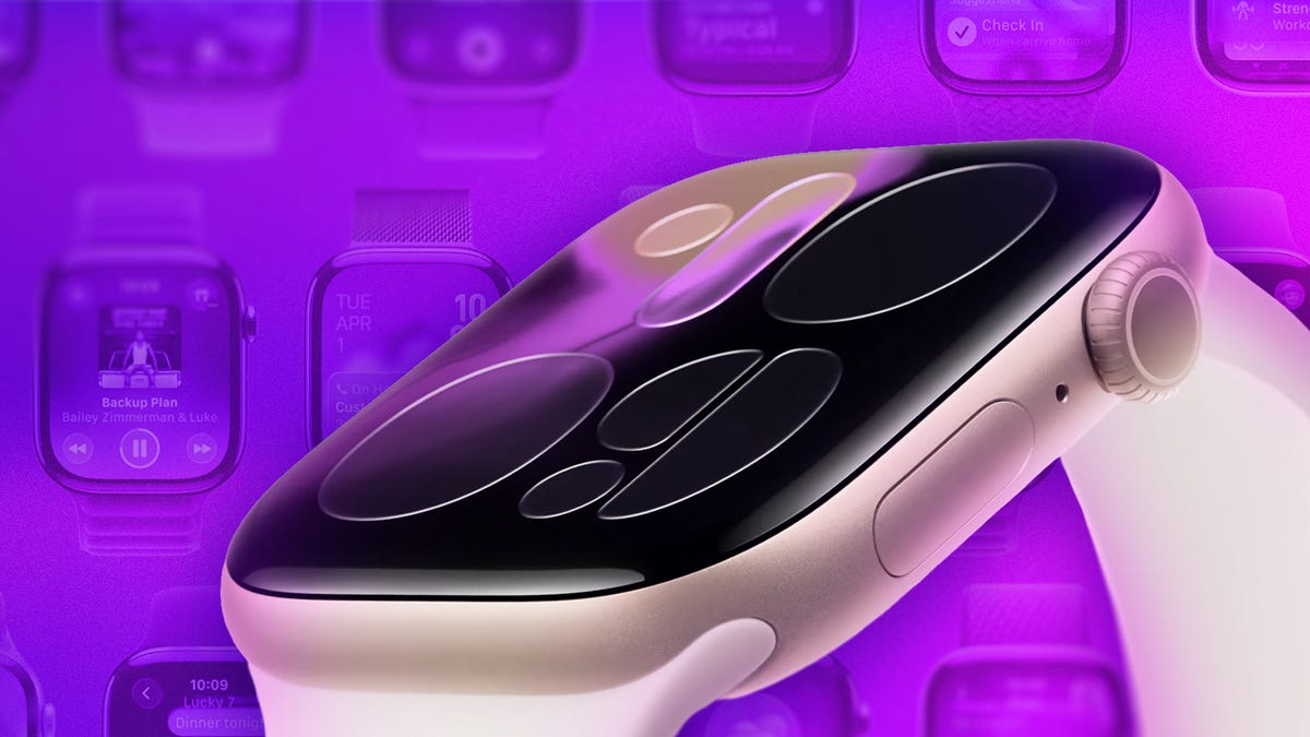 Close up view of an Apple Watch Series 11 on a purple background.