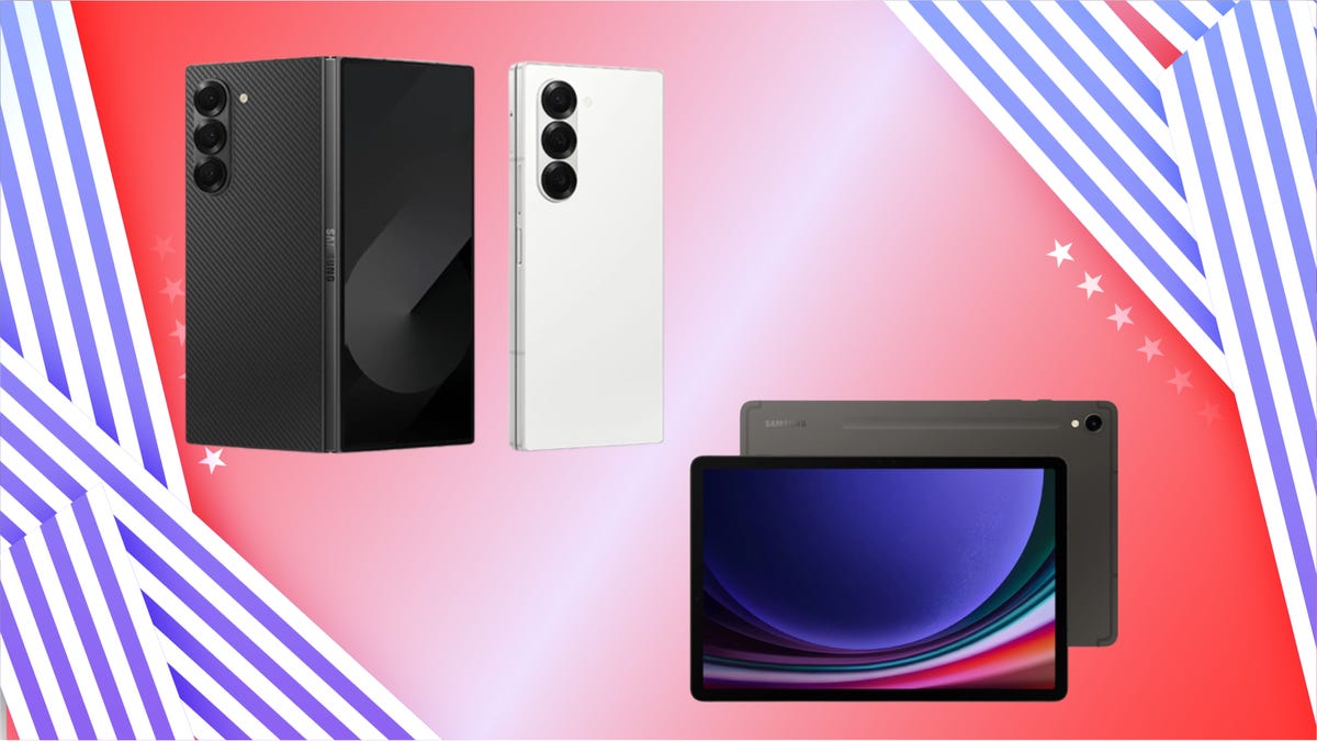 Left: Samsung Galaxy Fold 6 in black and white. Bottom right: Samsung Galaxy Tab S9. Background: red gradient with blue and white stripes to the left and right.