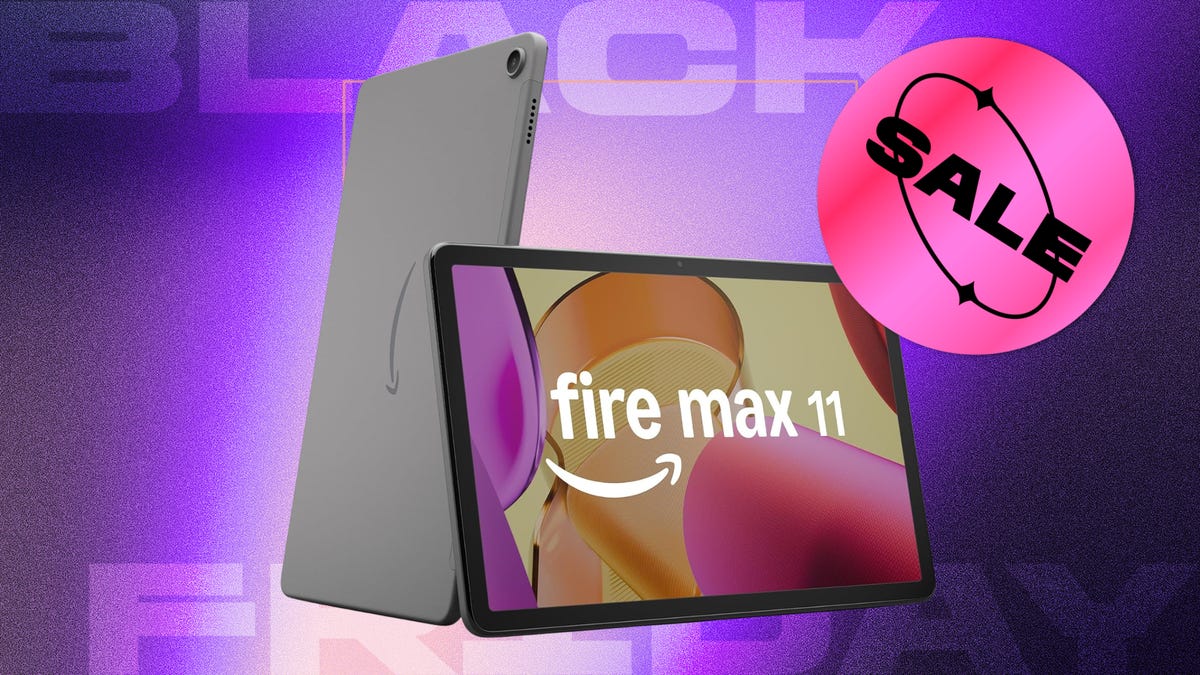 The Amazon Fire Max 11 tablet is shown against a purple and black background that reads, "Black Friday" with a sticker that reads "Sale."