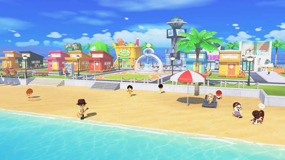 A beach where Nintendo Mii avatars are hanging out, in Tomodachi Life: Living the Dream