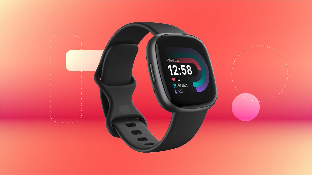 A black Fitbit watch showing the time and some basic health data, set against a red gradient background.