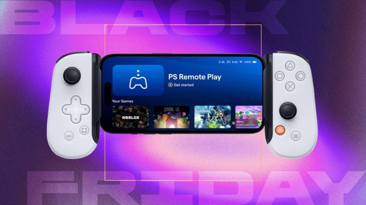 Backbone One PlayStation mobile controller in white on a purple background