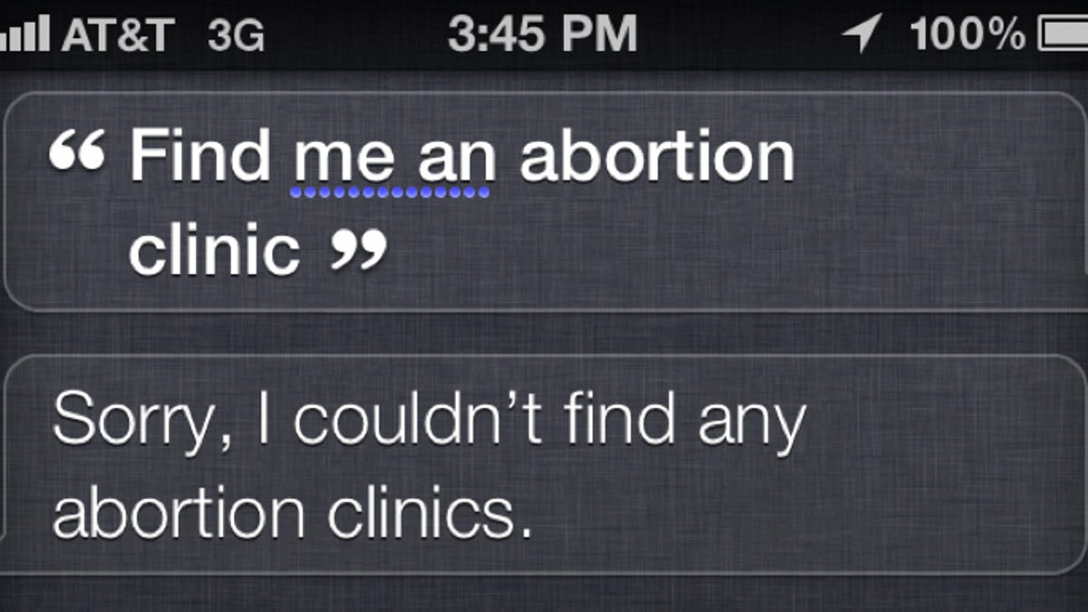 Siri isn't helpful on requests for birth control or abortion clinics.