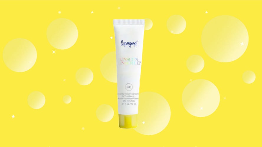 Supergoop sunscreen against a yellow background