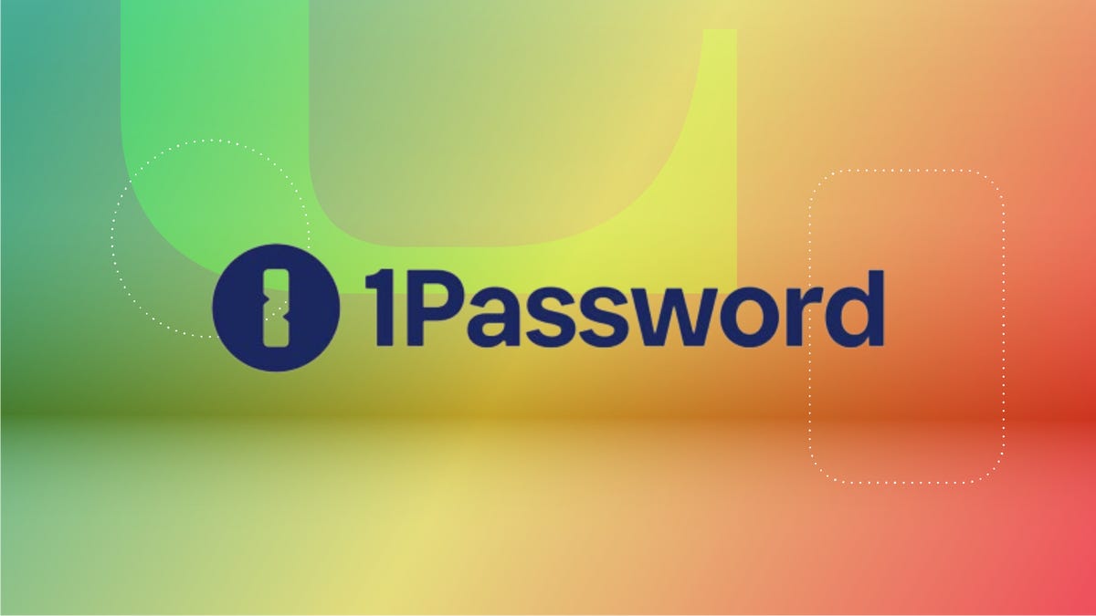 The 1Password logo is displayed against a gradient green, yellow and orange background.