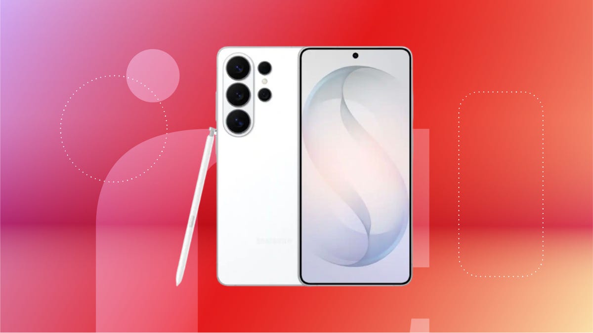 White Samsung Galaxy S26 with S-pen against red CNET background