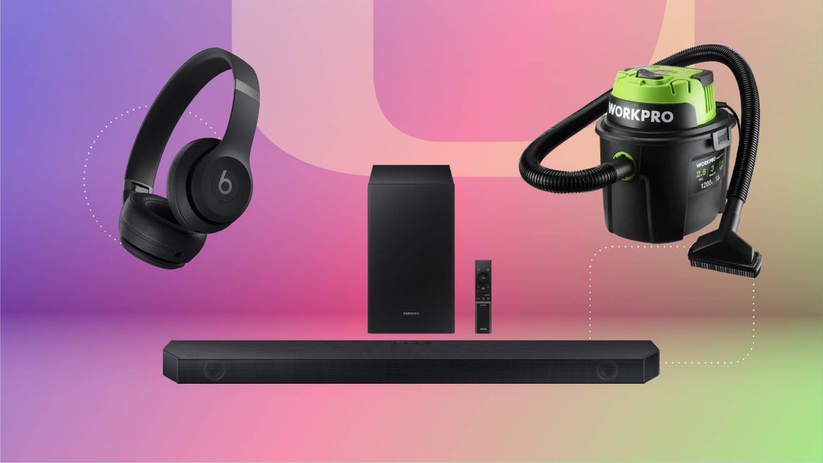 A pair of headphones, soundbar and shop vacuum against a purple/pink gradient CNET background.