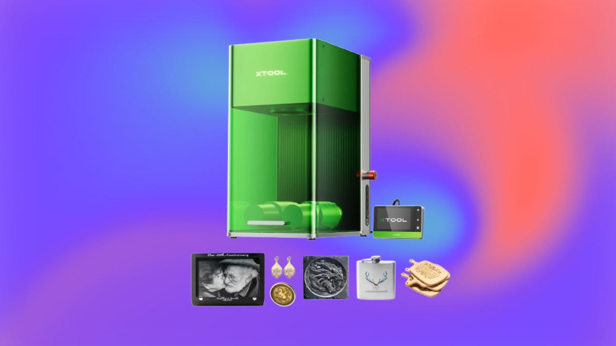 Top center: laser cutter and engraver with transparent green door, right: controller, bottom cneter from left: engraved frame, cutout jewelry, engraved coin, engraved rock, engraved gold metallic plates. Background: purple and salmon.