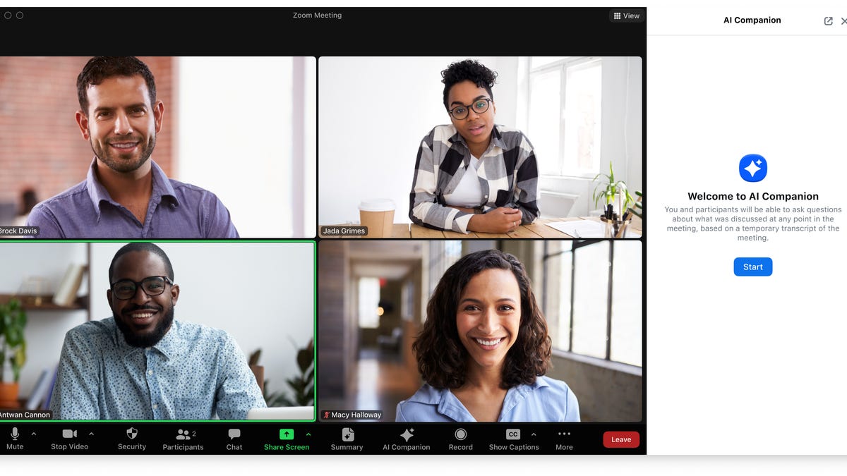Four people in a video meeting with Zoom's AI tool on the sidebar