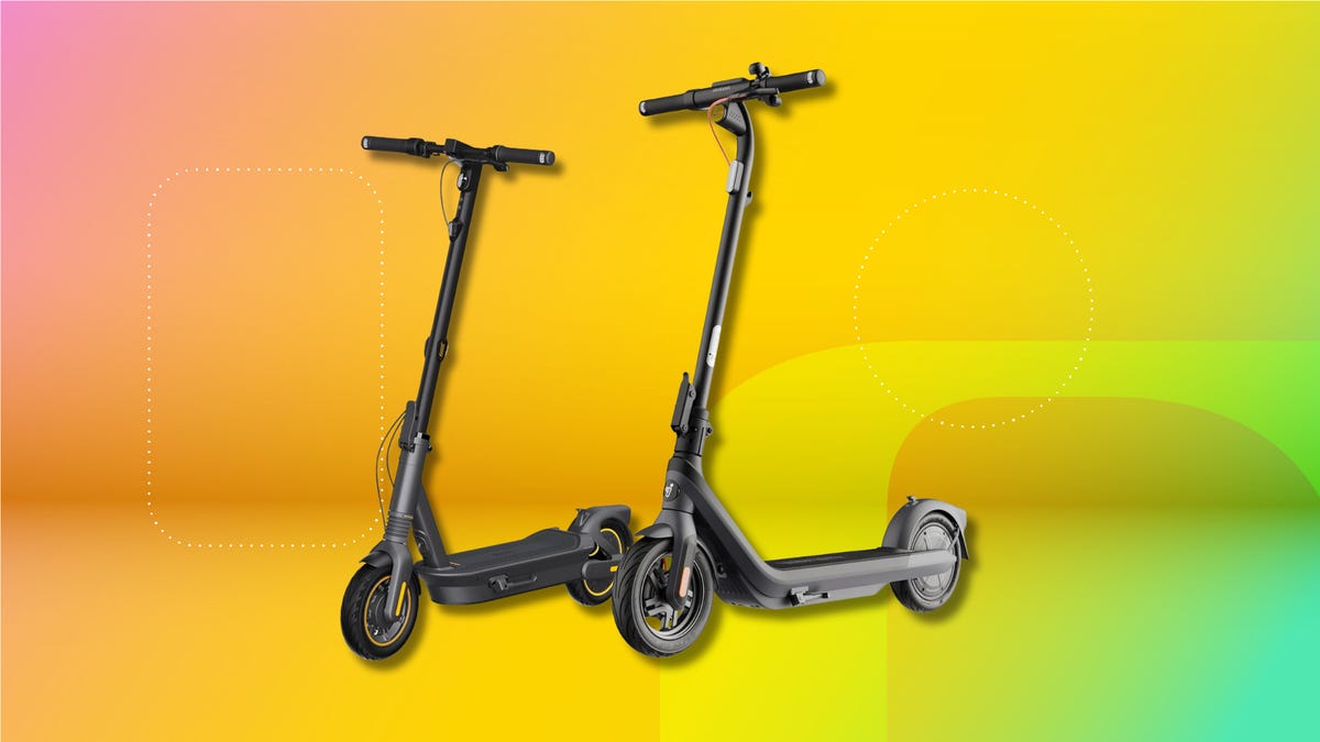 The Ninebot E2 Pro and Max G2 electric scooters are shown against a gradient yellow background.