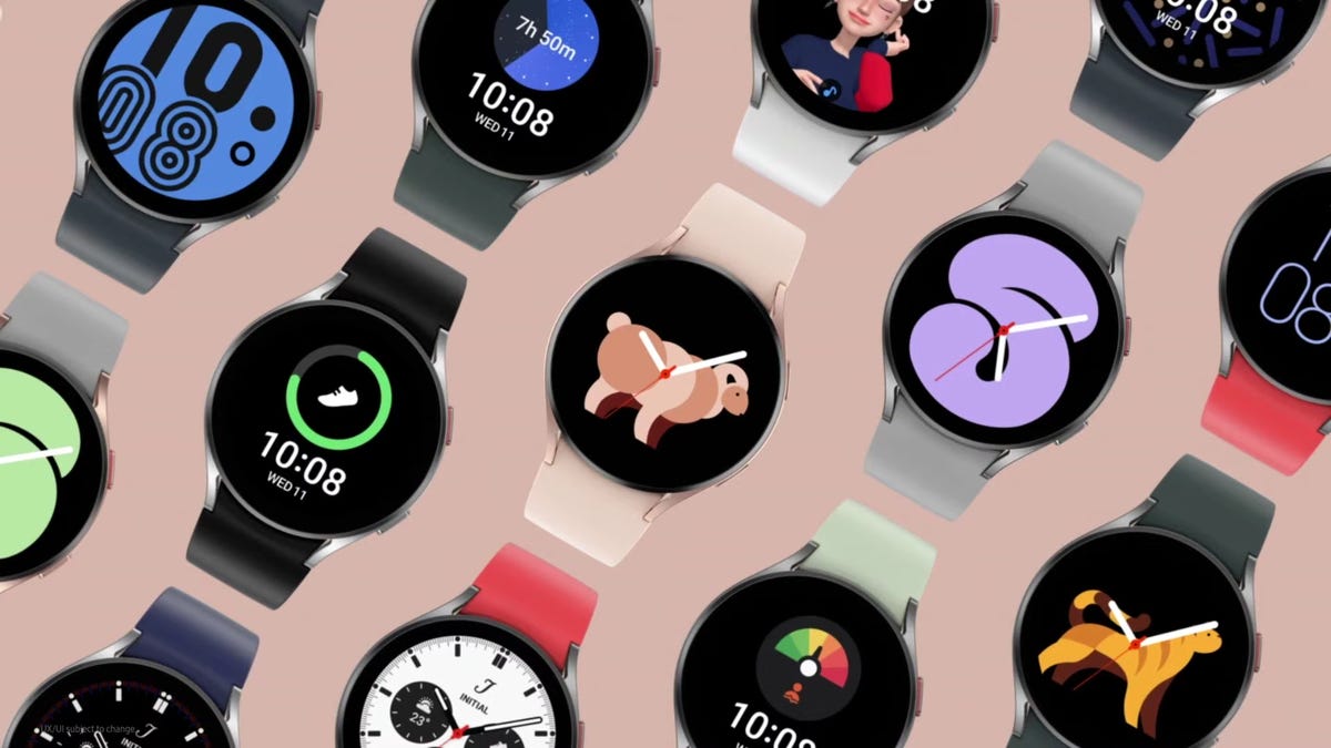 Multiple Samsung Galaxy Watch 4s arranged in rows