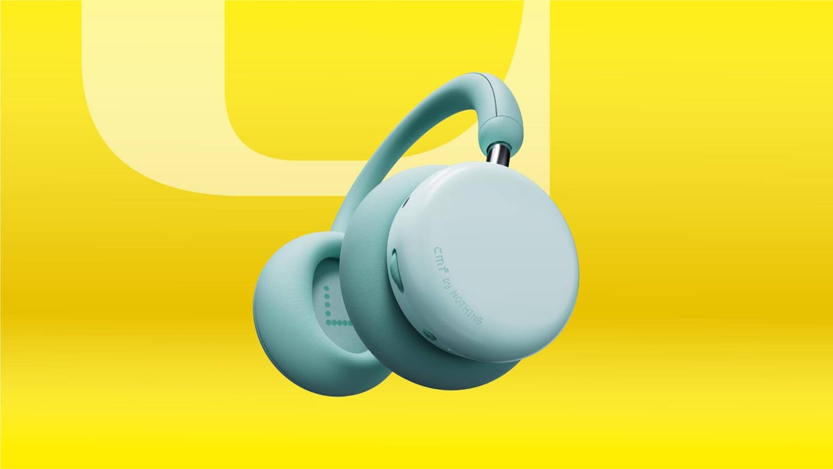 A pair of blue headphones against a yellow CNET background.
