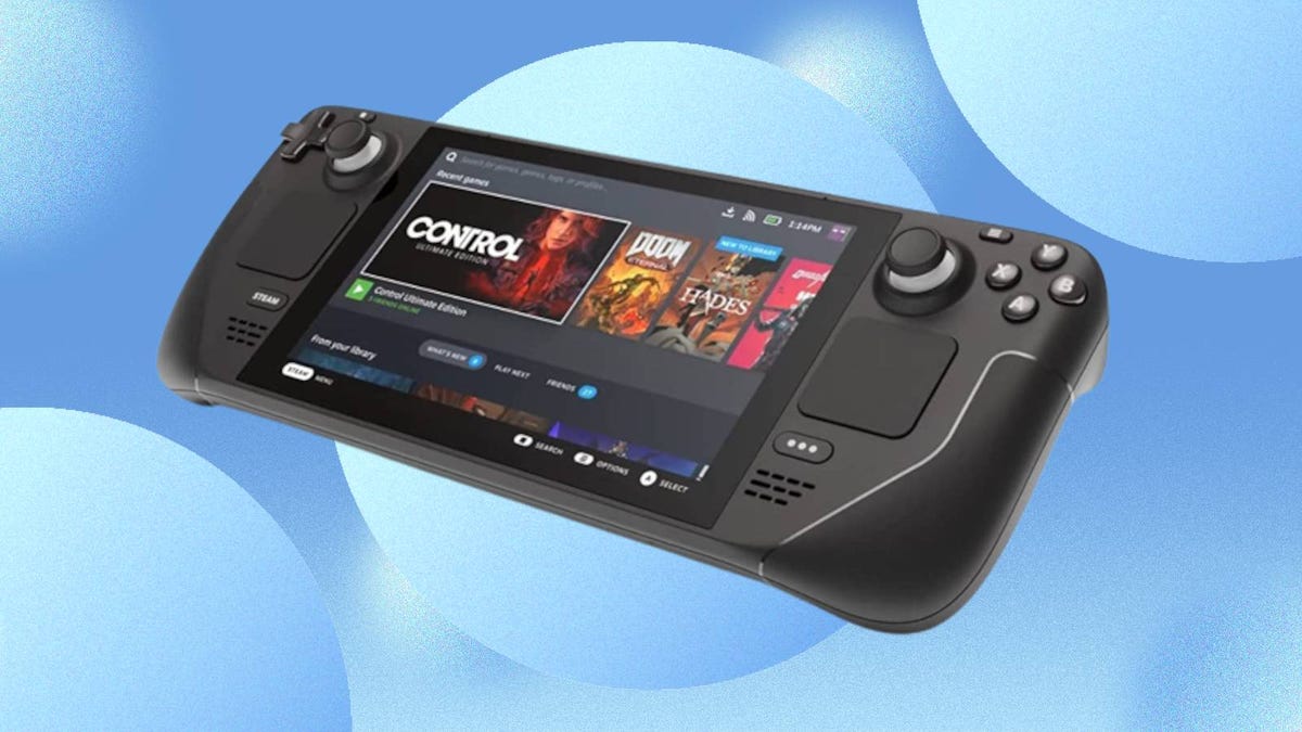 The Steam Deck portable PC gaming device is displayed against a blue background.