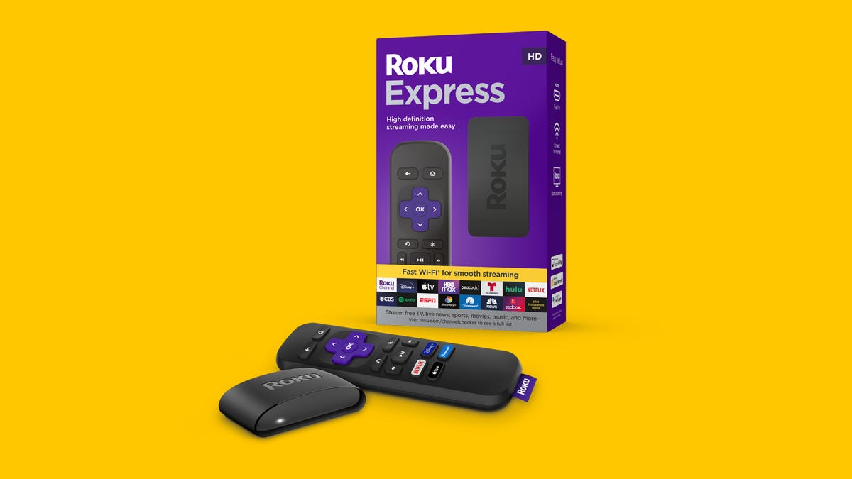 A Roku Express box with the device in the foreground.