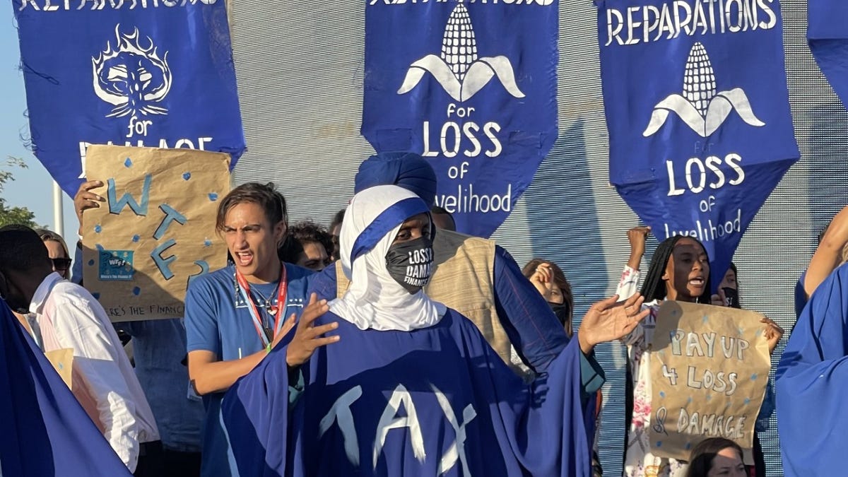 Protesters holding "Reparations" banners