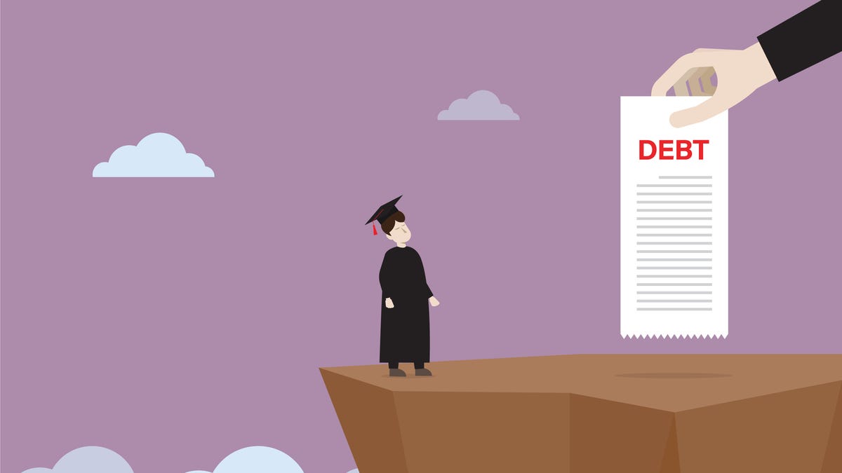 A graduate student stands on a cliff with a student debt bill