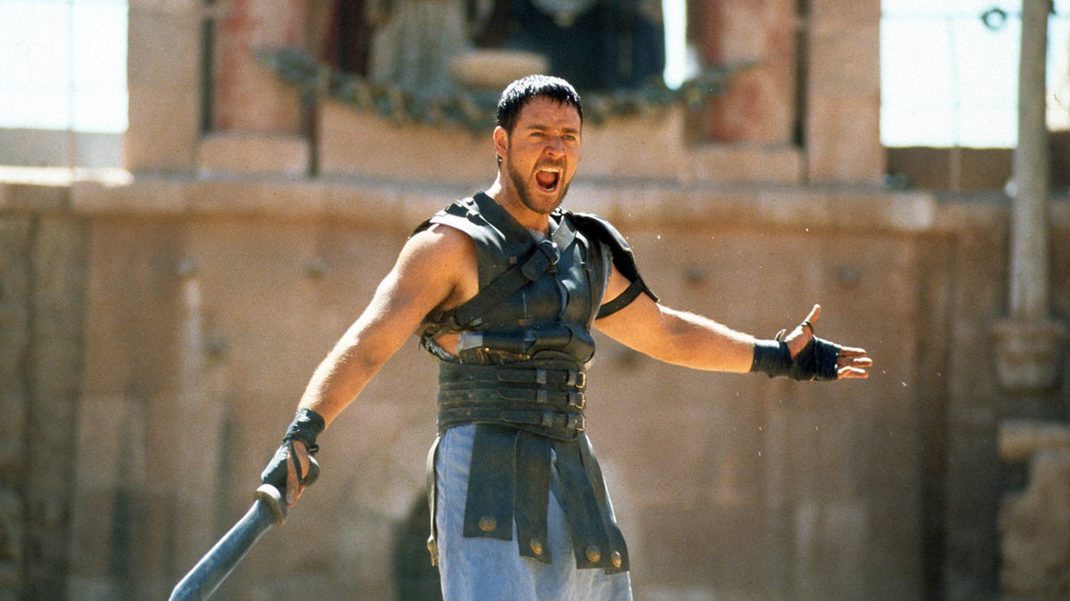 Russell Crowe with sword in a scene from the film Gladiator.