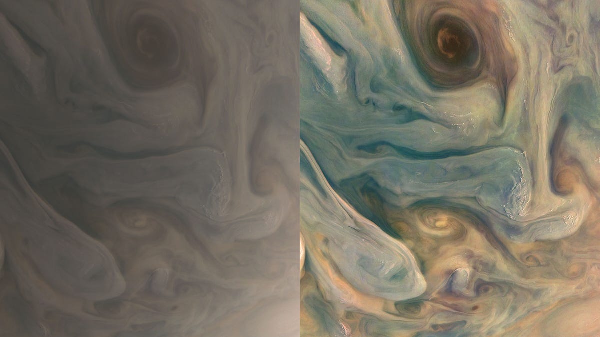 On the left is a wispy, beige version of Jupiter. On the right is the same image, except with blue, orange and yellow-ish hues.