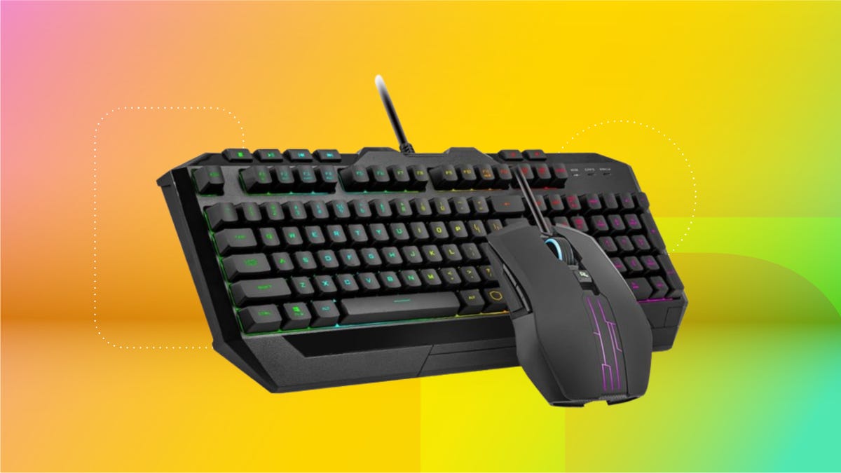 Black keyboard and mouse against coral, yellow and mint green background.