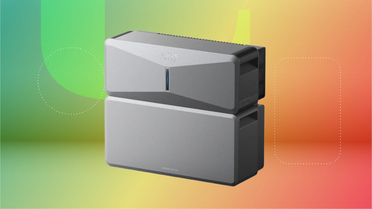 Anker Solix back-up power system against green, yellow and red orange CNET background.