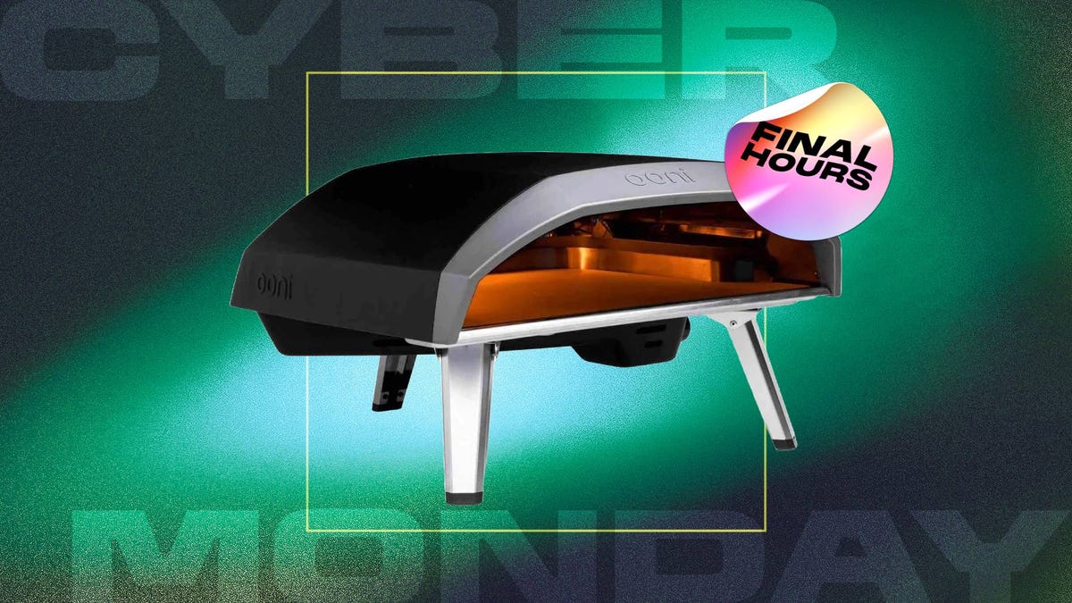 A stainless steel and black pizza oven against a green and black CNET background with the text "Cyber Monday Final Hours."