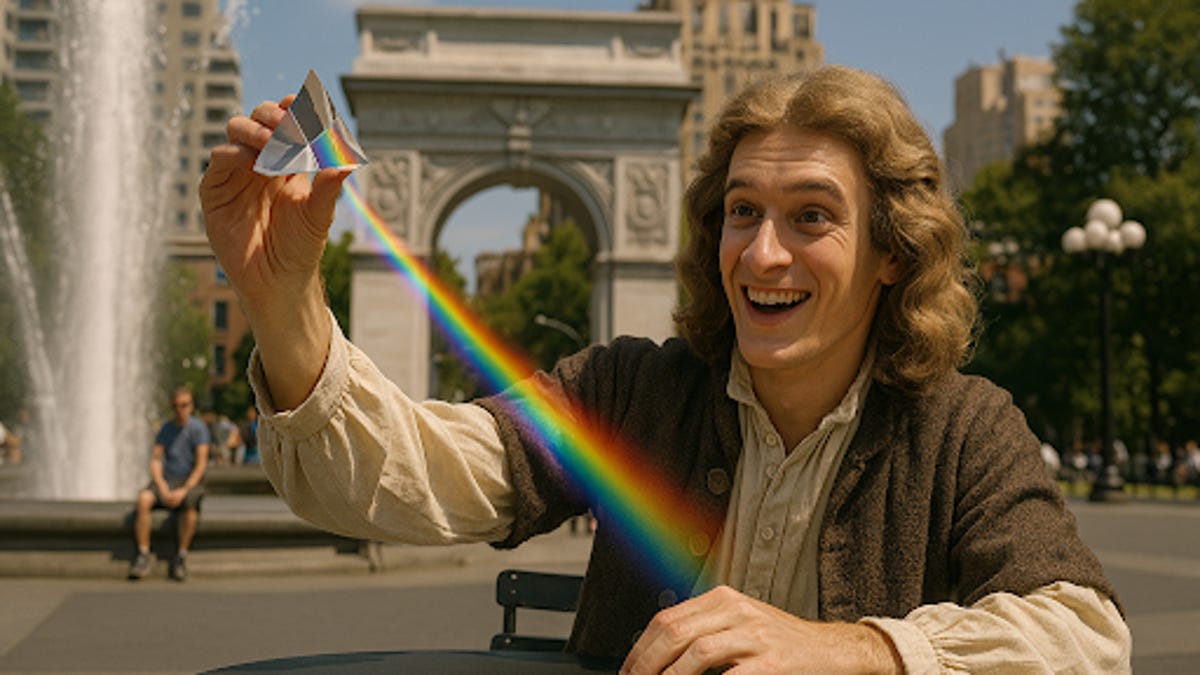 a man sitting in front of the arc de triomphe holding a glass prism creating a rainbow