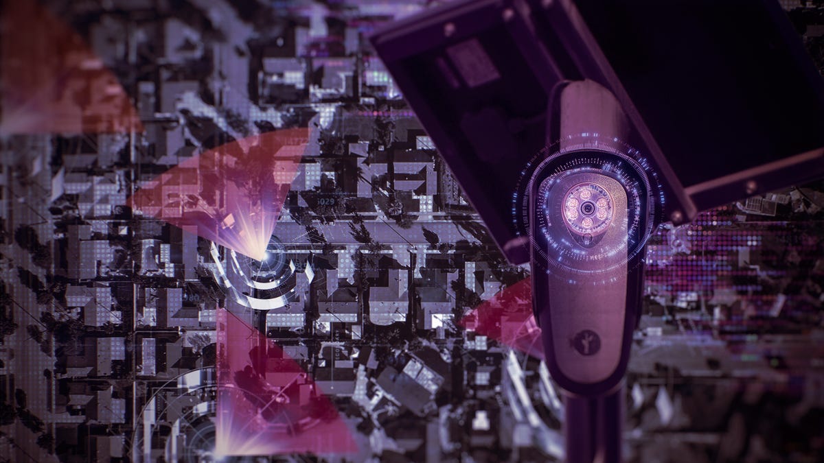 A Flock surveillance camera against a sky view of a dark neighborhood.