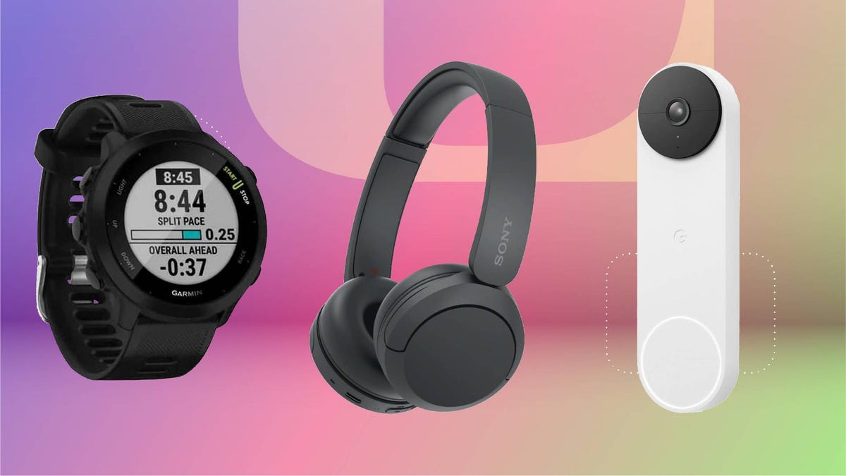 A fitness tracker, pair of headphones and video doorbell against a pink gradient CNET background.