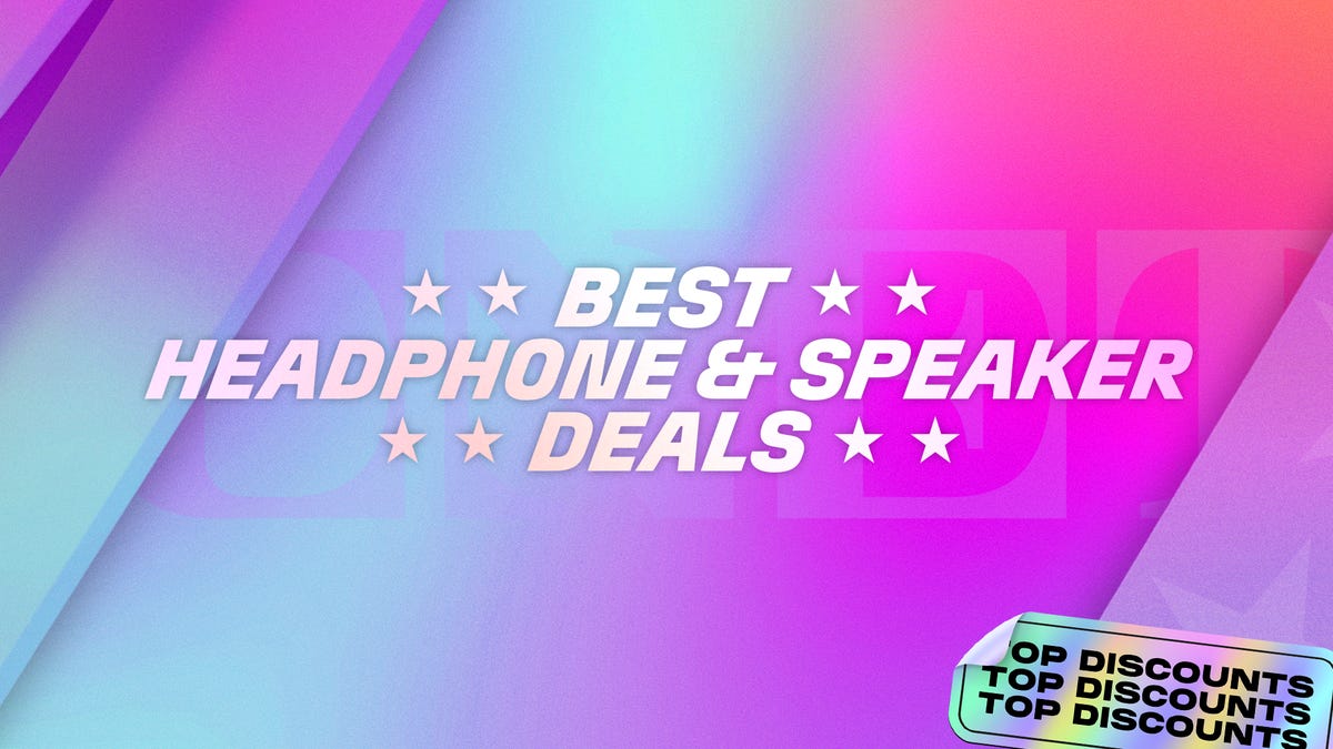 CNET image says "Best Headphone & Speaker Deals" with a sticker that states "Available Now" against a green, pink and blue background.