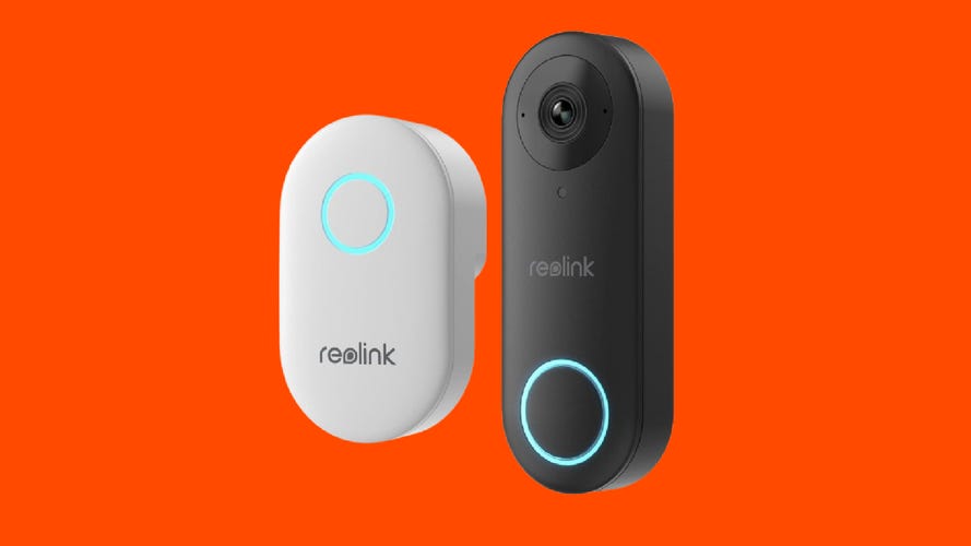 A Reolink doorbell and chime against a red background.