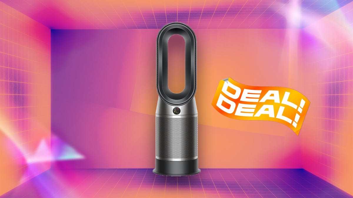 shows the dyson purifier hot and cool on neon background