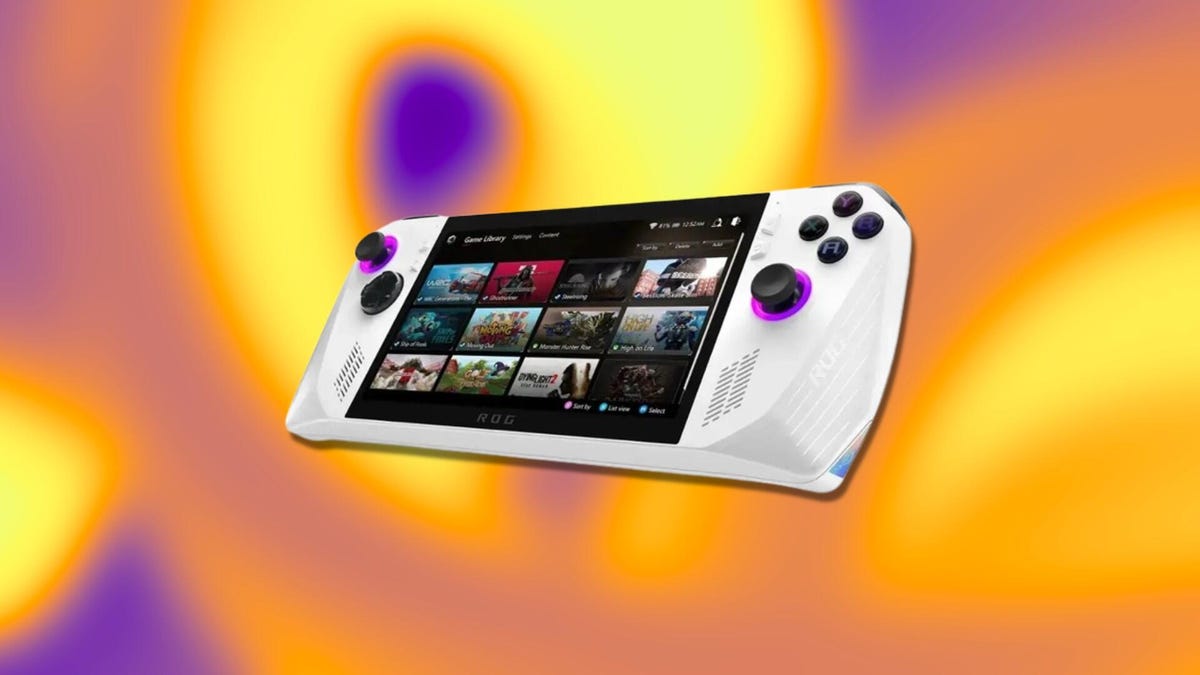 A white handheld gaming system on an orange and purple background