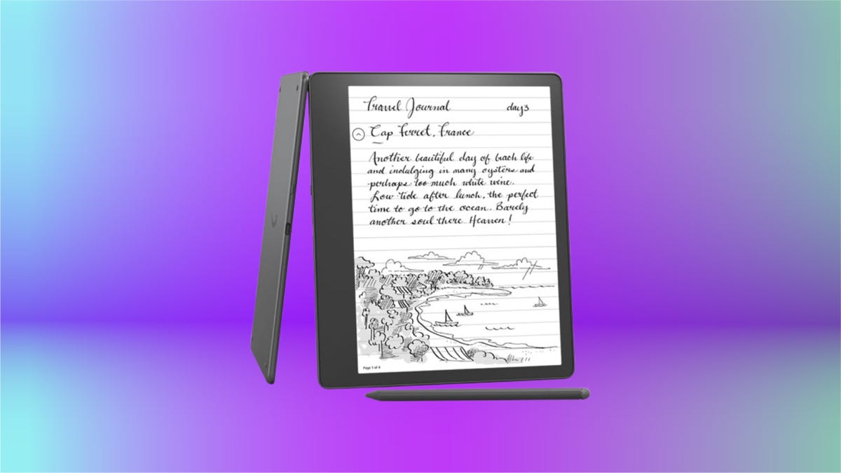 Amazon Kindle Scribe on purple gradient background