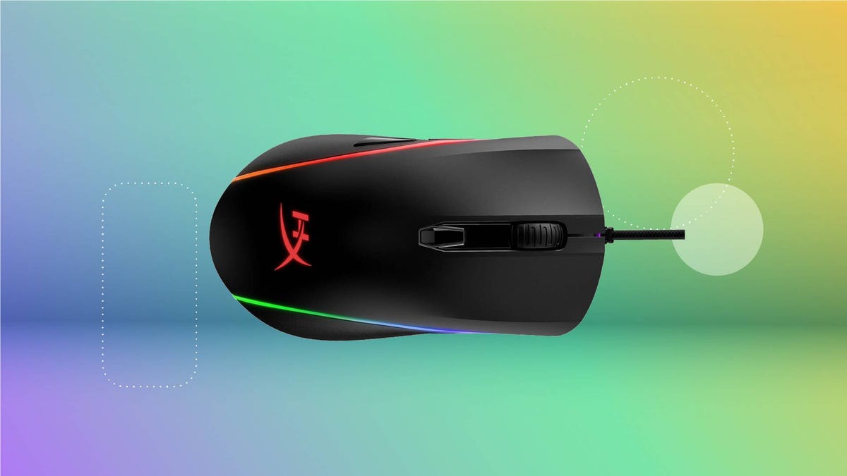 A black gaming mouse against a green gradient CNET background.