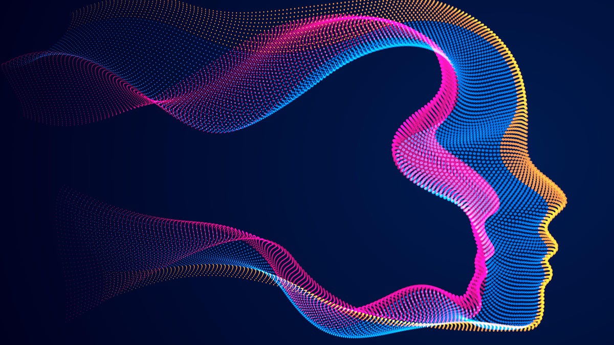 An abstract portrait of a human head, made from an array of colorful digital dots that form fluid lines which flow into a profile shape.