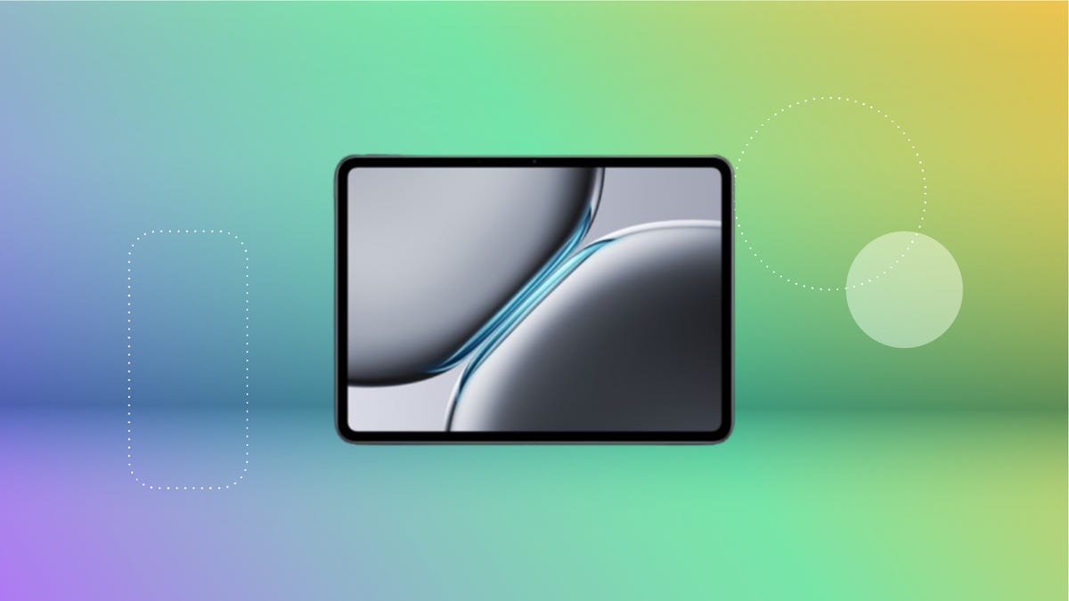 OnePlus tablet with swirling black and blue image on screen displayed against a gradient purple, blue, green and yellow background