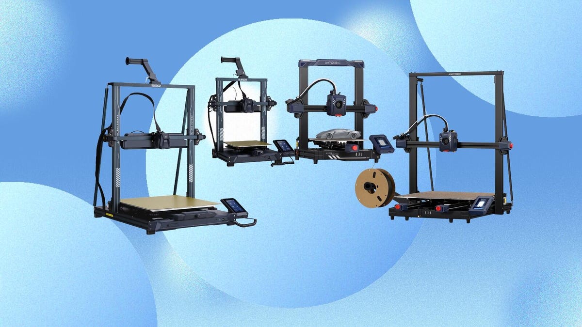 anycubic and elegoo printers on a blue background