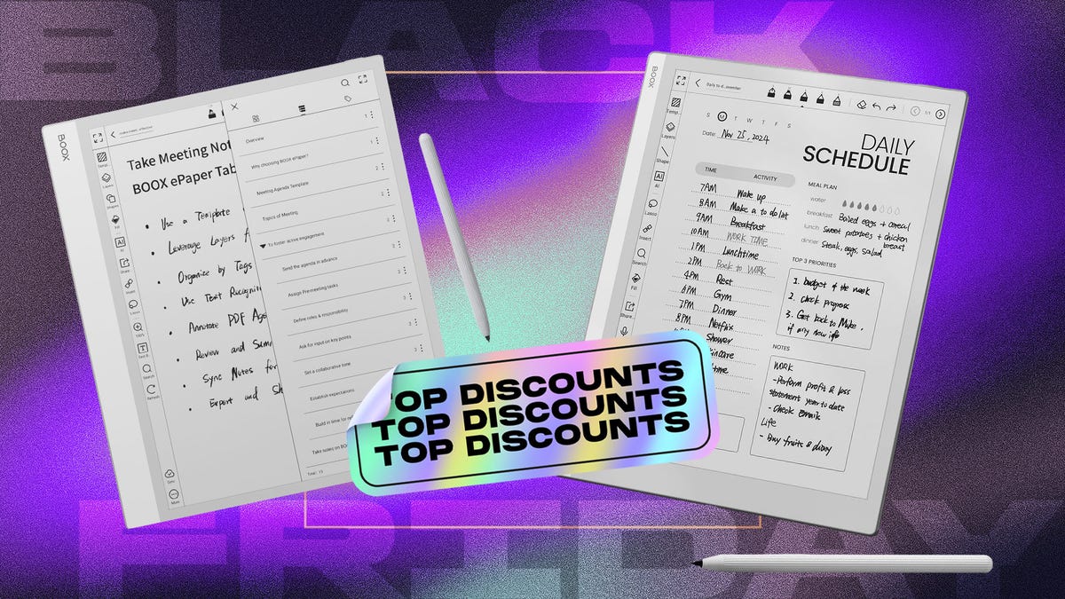 Boox e-ink devices on a CNET background.