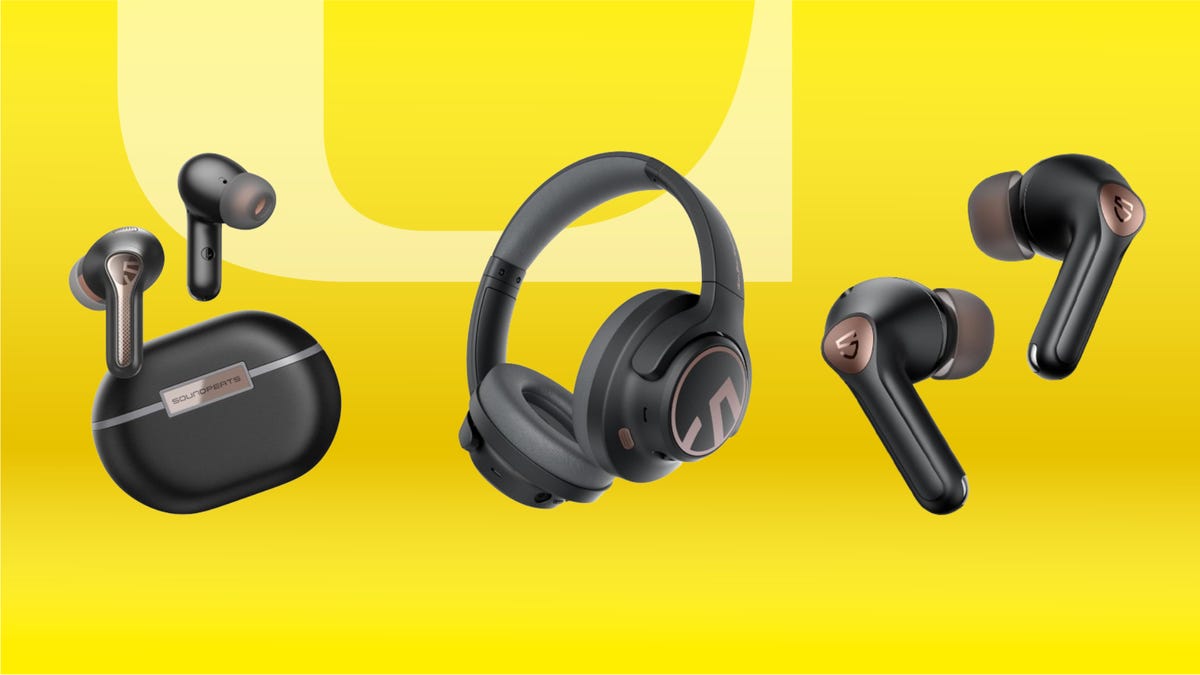 From left: black earbuds with case, black wireless headphones and black earbuds without case against yellow background.