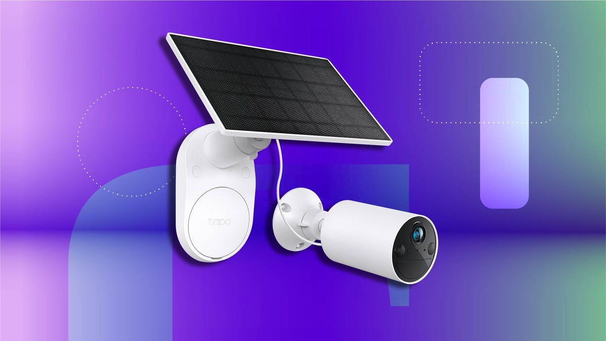 A TP-Link SolarCam on a CNET background.