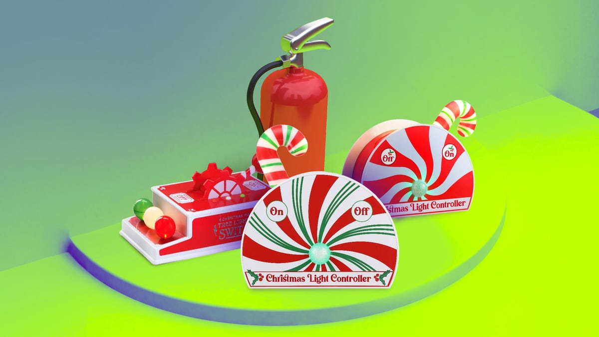 three chirstmas light controllers and a fire extinguisher