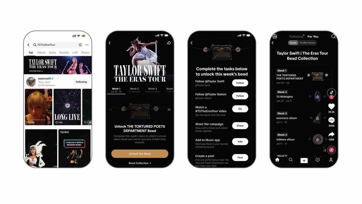 Four screenshots of TikTok's in-app Taylor Swift experience